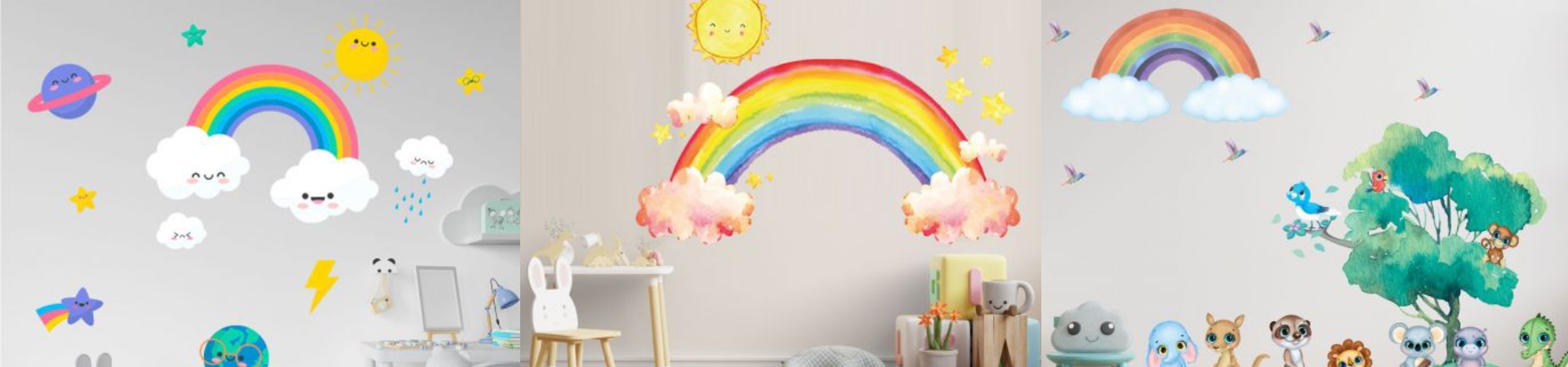 Rainbow wall decals with clouds, stars, and cartoon accents, ideal for adding a joyful, colorful touch to children's room decor.