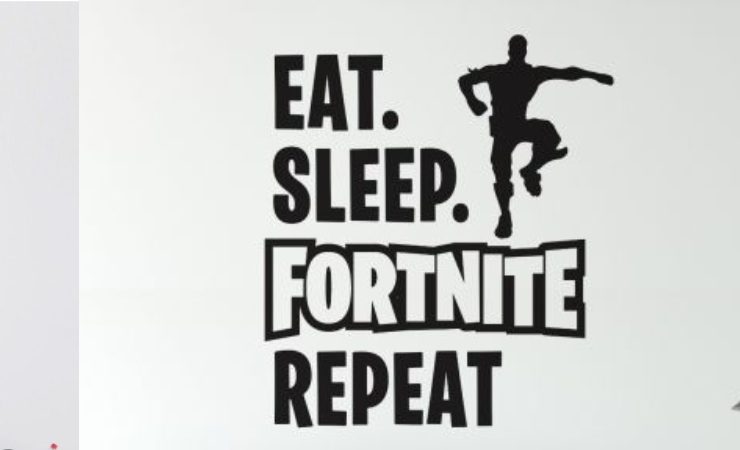 Collection of gamer wall decals featuring phrases like "Game King," "Eat Sleep Fortnite Repeat," and gaming gear designs. Gamer wall decal.