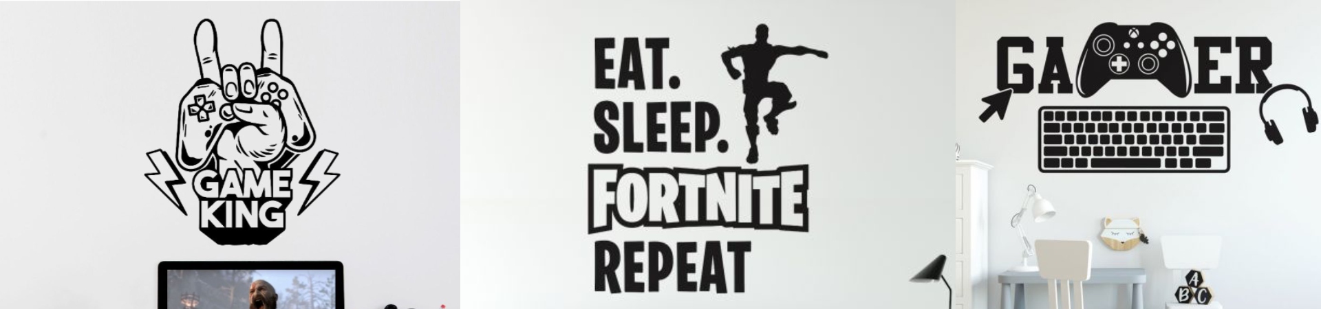 Collection of gamer wall decals featuring phrases like "Game King," "Eat Sleep Fortnite Repeat," and gaming gear designs. Gamer wall decal.