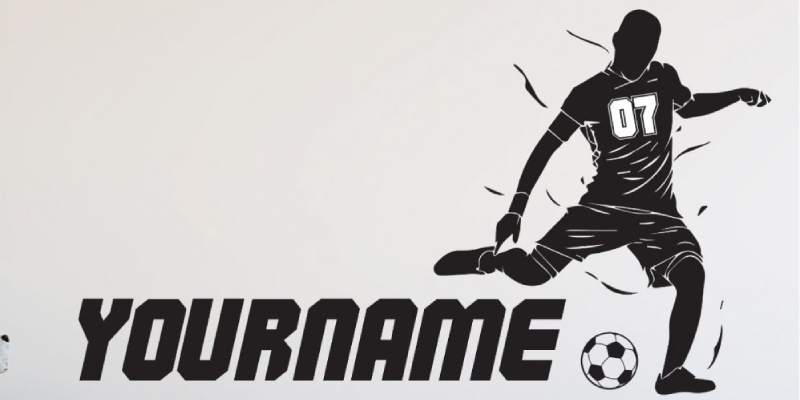 Customizable soccer player wall decal with placeholder "YOURNAME" and jersey number, ideal for sports-themed rooms. Gamer wall decal.