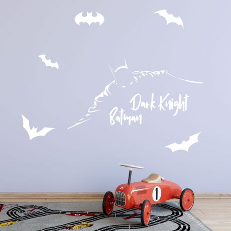 Batman superhero wall stickers featuring "Dark Knight" text and bat silhouettes, adding a bold touch to a child's room decor.