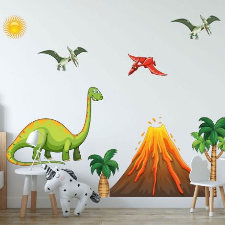 Dinosaur wall decal with volcano for kids room jurassic park | Huetion