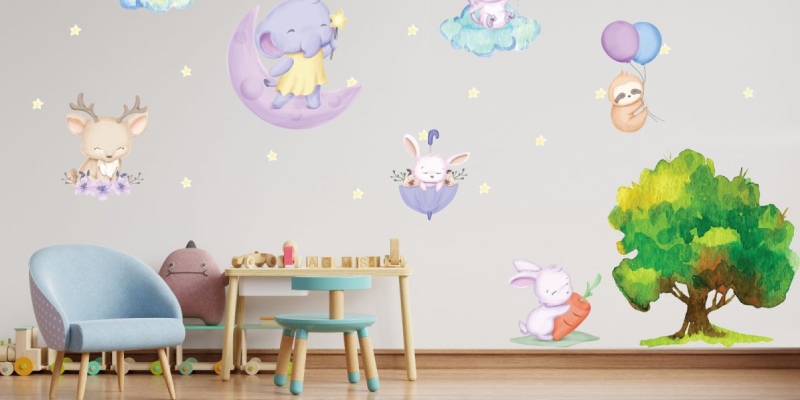 Fairy Animals Wall Sticker,Bunny Vinyl Wall Stickers, Bunny Stars Clouds Decals for Kids Room | Huetion