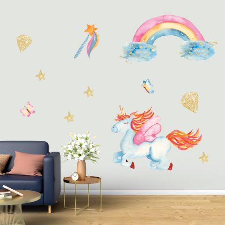 Flying blue unicorn wall stickers fantasy girls bedroom wall art | Huetion