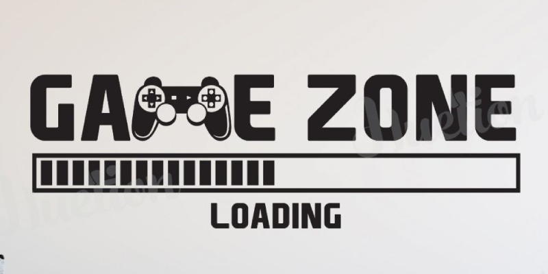 Gamer wall decal with "Game Zone" text, controller icons, and a loading bar design, ideal for gaming spaces.