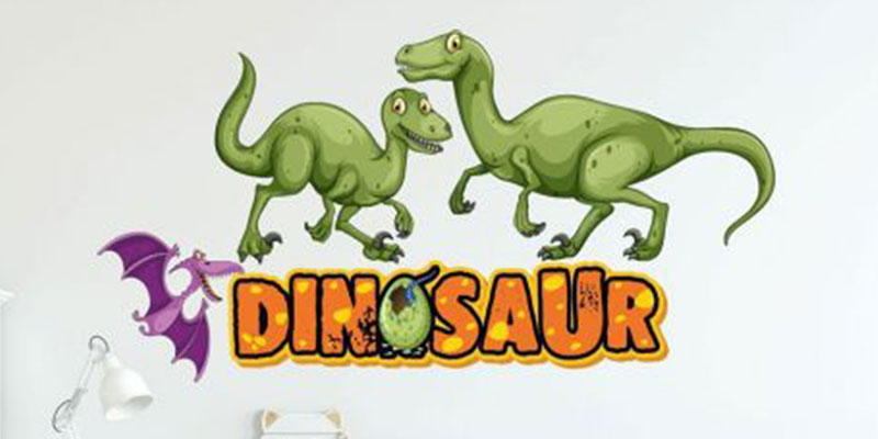 Playful dinosaur wall stickers featuring two green dinosaurs, a purple pterosaur, and a bold "Dinosaur" text for kids' rooms.