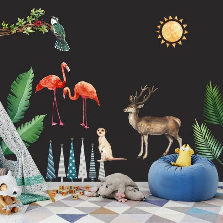 jungle animals flamingo nursery wall stickers animal safari-wall-vinyl wall stickers for kids room | Huetion