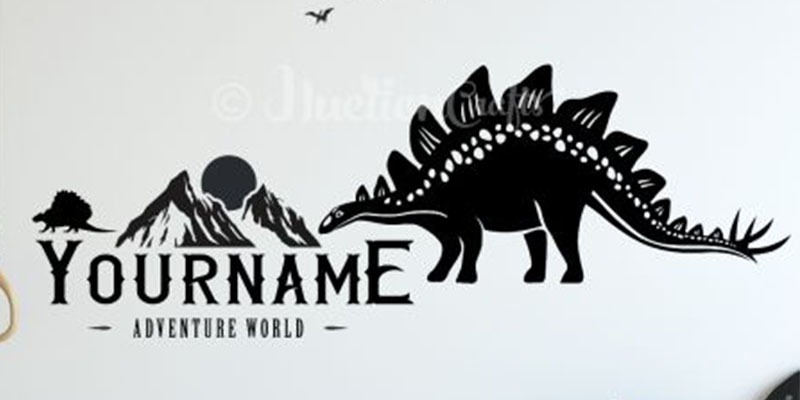Dinosaur wall decal featuring a Stegosaurus, mountains, and customizable name text, perfect for creating a personalized adventure theme.