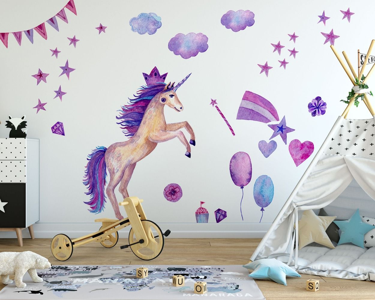 Nursery wall stickers featuring a whimsical unicorn with stars, balloons, clouds, and hearts in purple and pink, ideal for a magical kids' room decor.