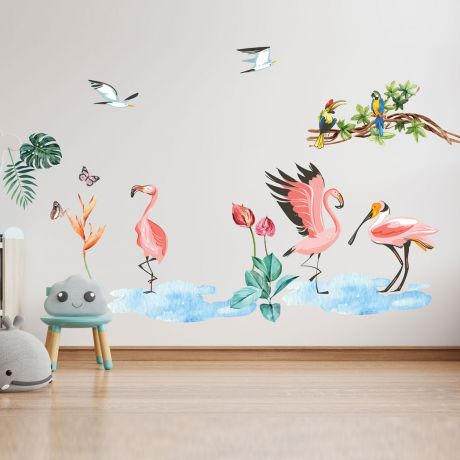 tropical leaves flamingo wall sticker macaw vinyl wall stickers tropical birds decals for kids room | Huetion