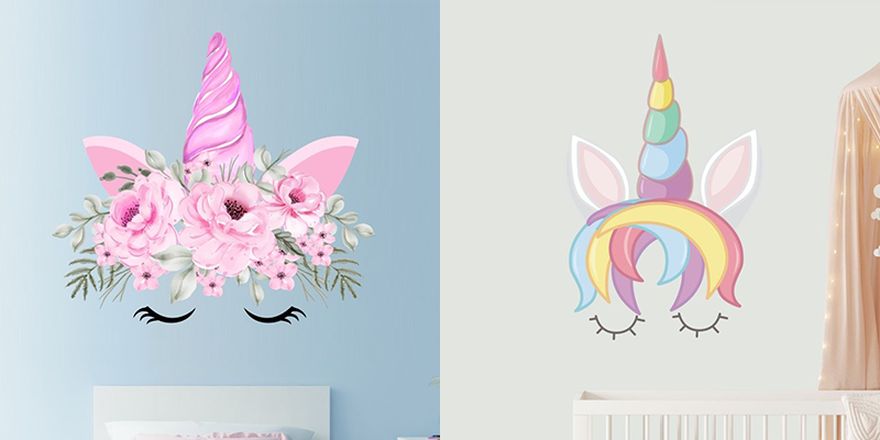 Unicorn wall decals with floral crowns and closed eyes, adding a whimsical touch to nursery or kids' room decor.