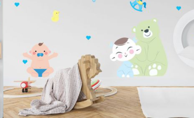 Colorful nursery wall stickers featuring playful animals, umbrellas, and custom name decals, adding charm to kids' room decor.