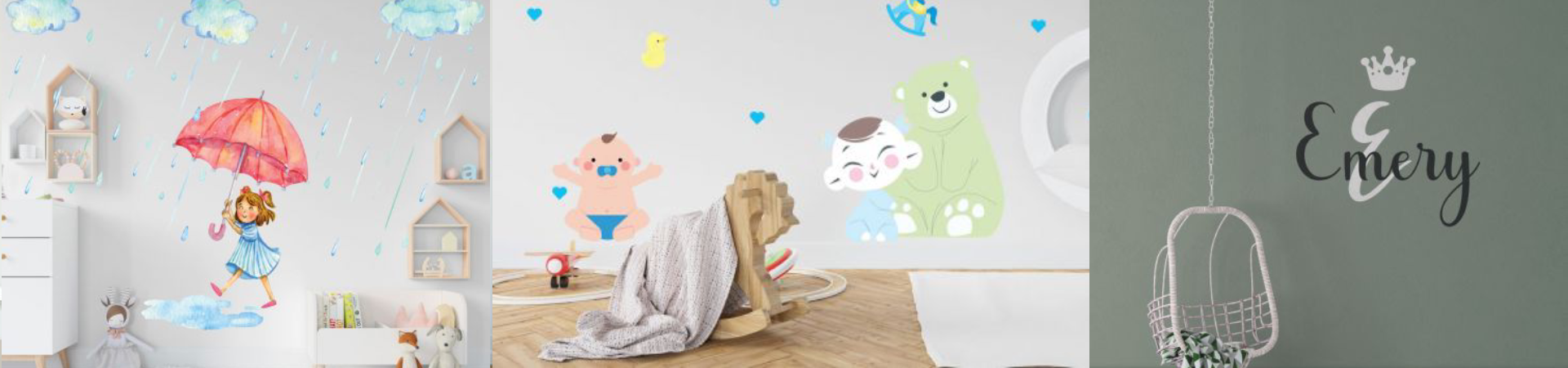 Colorful nursery wall stickers featuring playful animals, umbrellas, and custom name decals, adding charm to kids' room decor.