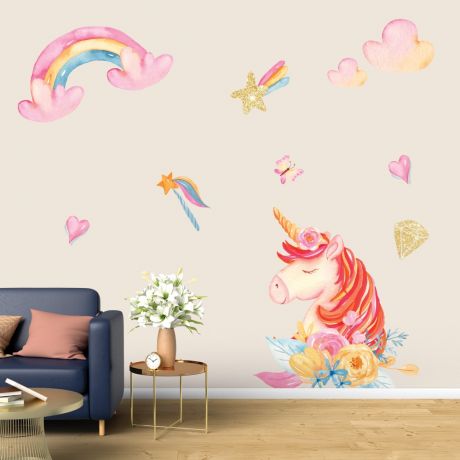 Unicorn Wall Sticker set with Golden Objects Fantasy Girls Bedroom Wall Art | Huetion