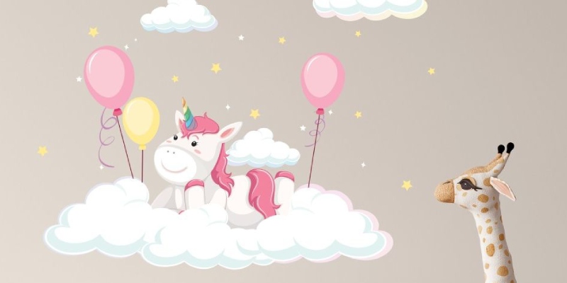 Unicorn Wall Sticker with Clouds Baloon Wall Decal Stickers Fantasy Girls Bedroom Wall Art Cute Nursery.