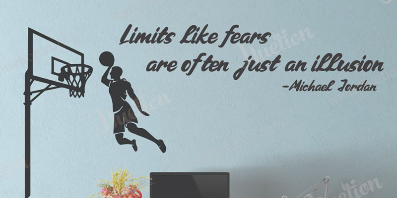 Gamer wall decal of a basketball player dunking, featuring a Michael Jordan quote about fear, perfect for motivation.