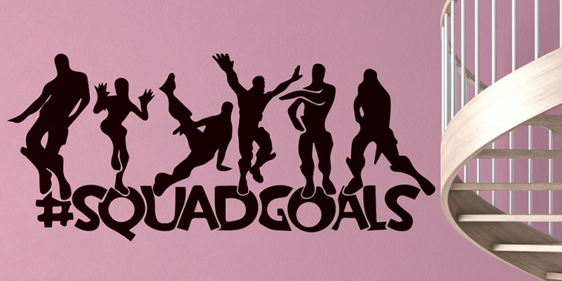 Black "#SquadGoals" gamer wall decal featuring six action-packed silhouettes, perfect for decorating gaming rooms.