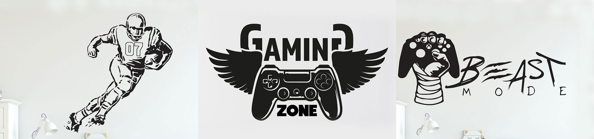 Set of three gamer wall decals with 'Gaming Zone,' 'Beast Mode,' and athlete designs, ideal for enhancing gaming spaces.