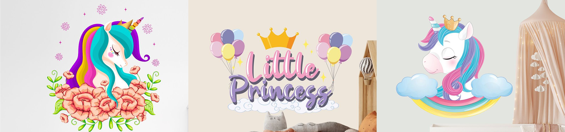 Unicorn wall stickers with colorful unicorns, floral accents, and "Little Princess" text. Ideal for decorating kids' rooms with a magical touch.
