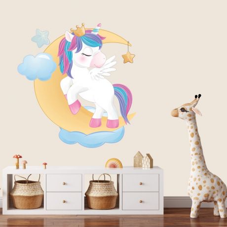 unicorn sleeping in moon wall decal stickers fantasy girls bedroom wall art cute nursery | Huetion