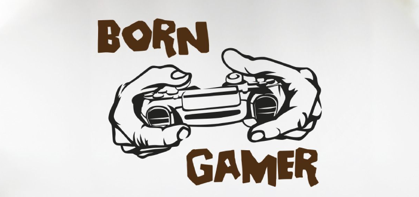 "Born Gamer" design featuring hands holding a game controller, ideal for gaming wall stickers to personalize a gamer’s space.