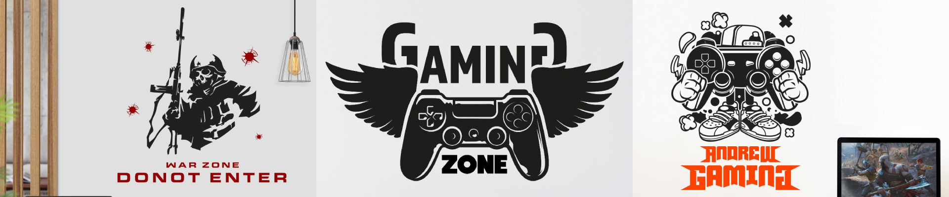 Three distinct gaming wall stickers featuring 'Do Not Enter,' 'Gaming Zone,' and 'Project Gamers' designs, perfect for decorating gamer spaces.