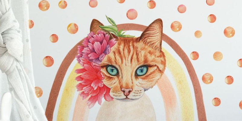 Orange cat with a flower crown sits in front of a vibrant rainbow wall sticker, surrounded by orange polka dots.